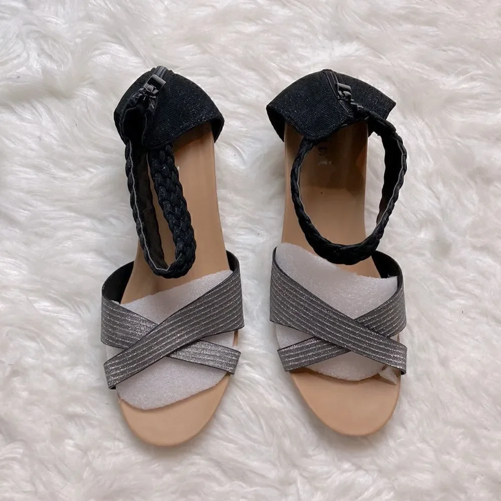 Intini Leather Silver Braided Ankle Strap Low Wedge Sandals
